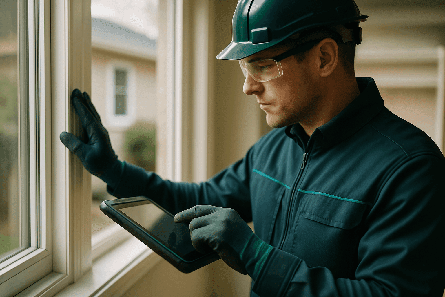 Home inspector wearing safety gear using digital device outside a well-kept residential house.