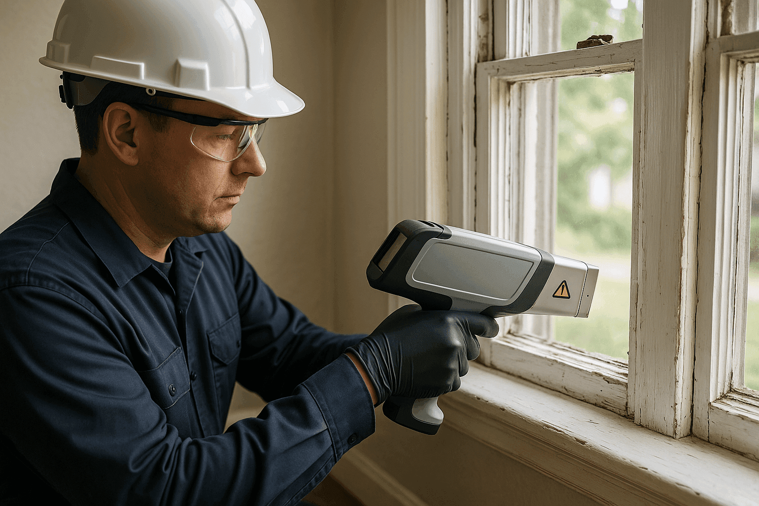 Inspector probando pintura en el marco de una ventana en una casa antigua para detectar plomo
