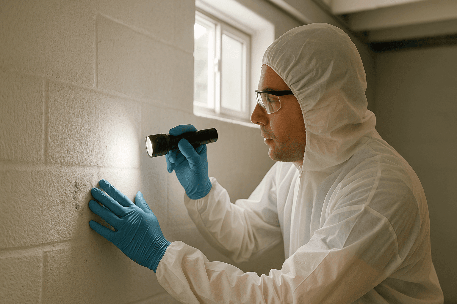 Inspector examining wall for mold growth near basement window